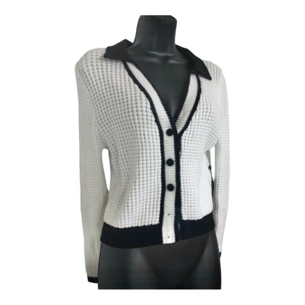 White crochet style black‎ trim classic collared cardigan sweater size large new